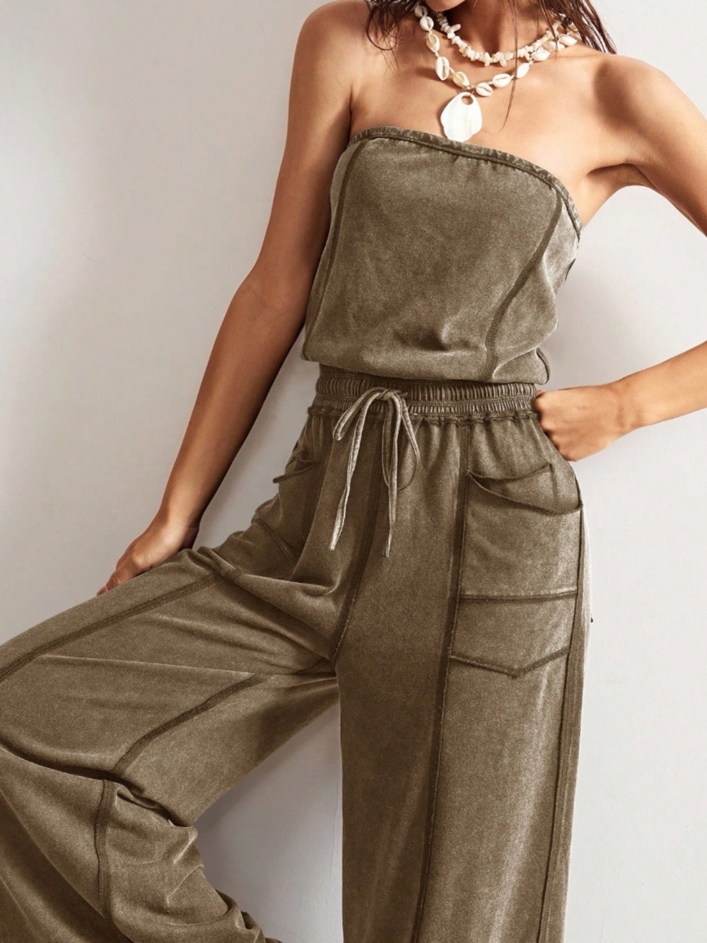 Cotton Blend Strapless Brown Boho Wide Leg Jumpsuit with Pockets